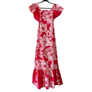Vintage 60s 70s Hawaiian Tiered Maxi Dress Hibiscus Floral Flutter Sleeve S